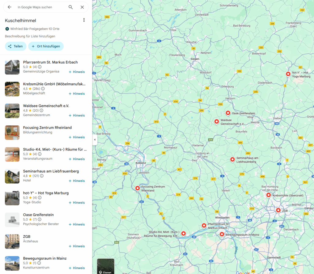 Google Maps Übersichtskarte Kuschelhimmel-Standorte